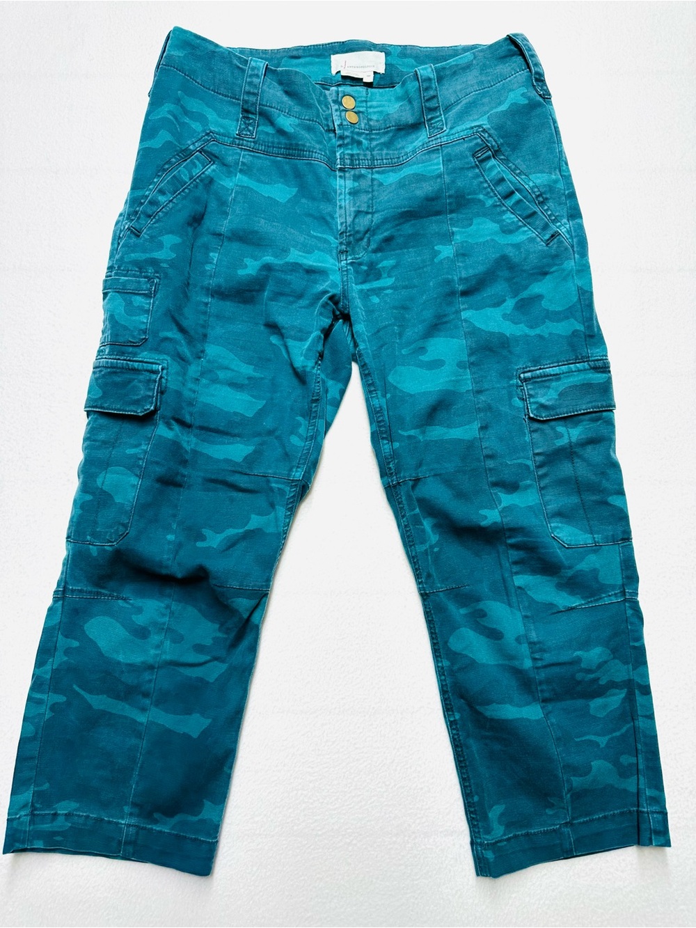 Anthropologie 30P Teal Camo Cargo Pants Utility Cropped Stretch